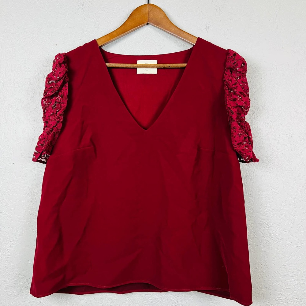Sezane V Neck Blouse Lace Cap Sleeve Tunic Top Cranberry - XL